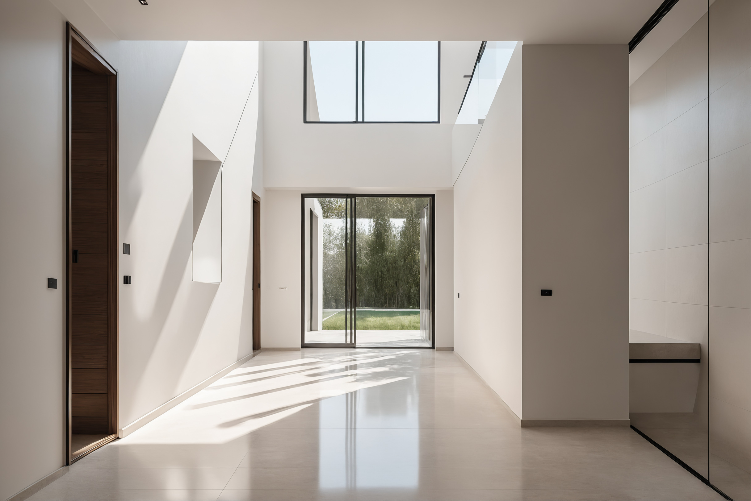 Villa hallway with clear circulation and daylight from a stairwell