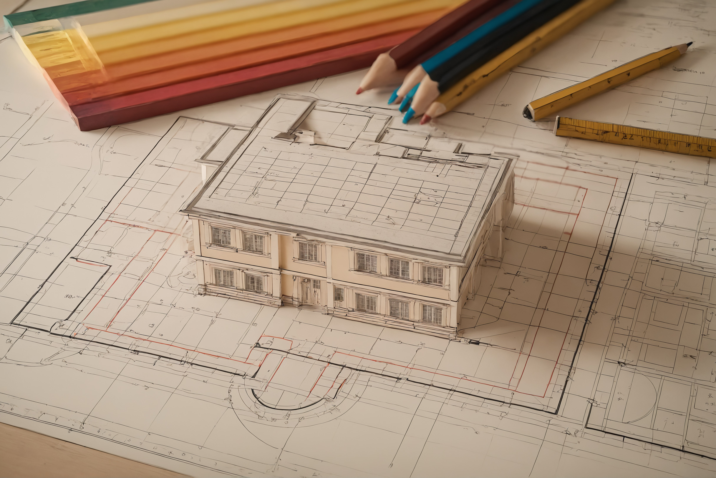 Villa floor plan with coloured zone overlays, pencils and a scale ruler
