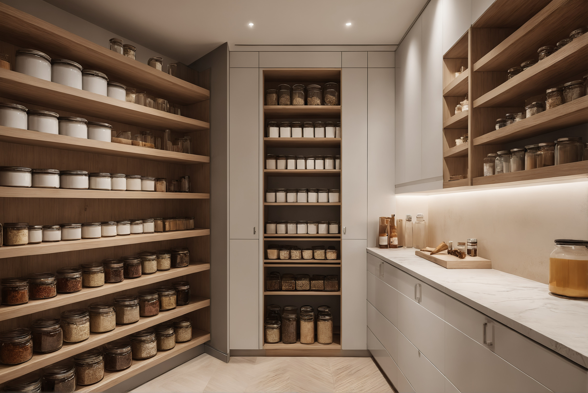 Walk-in pantry beside a kitchen with organised shelving