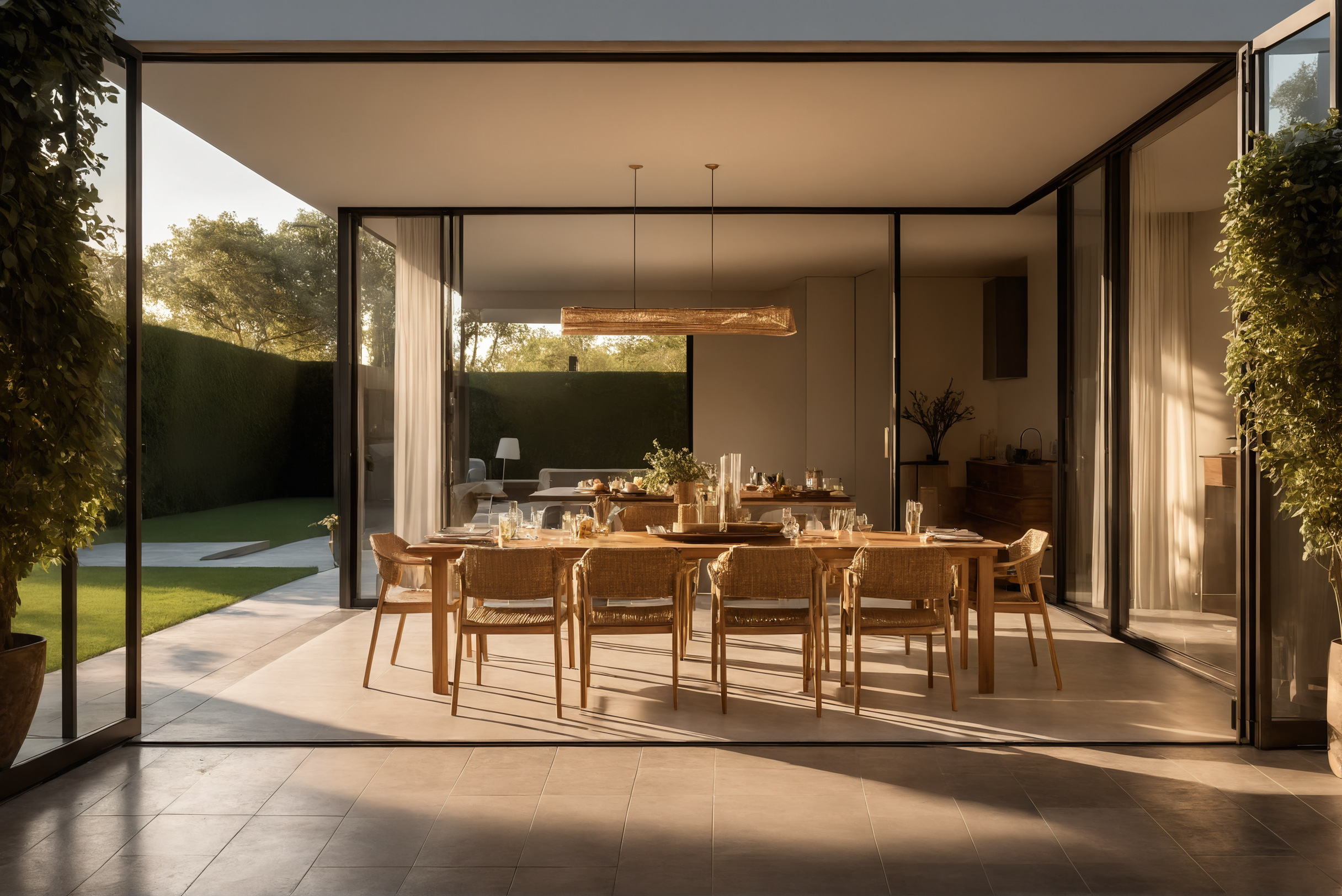 Dining room opening onto a shaded terrace through wide sliding doors