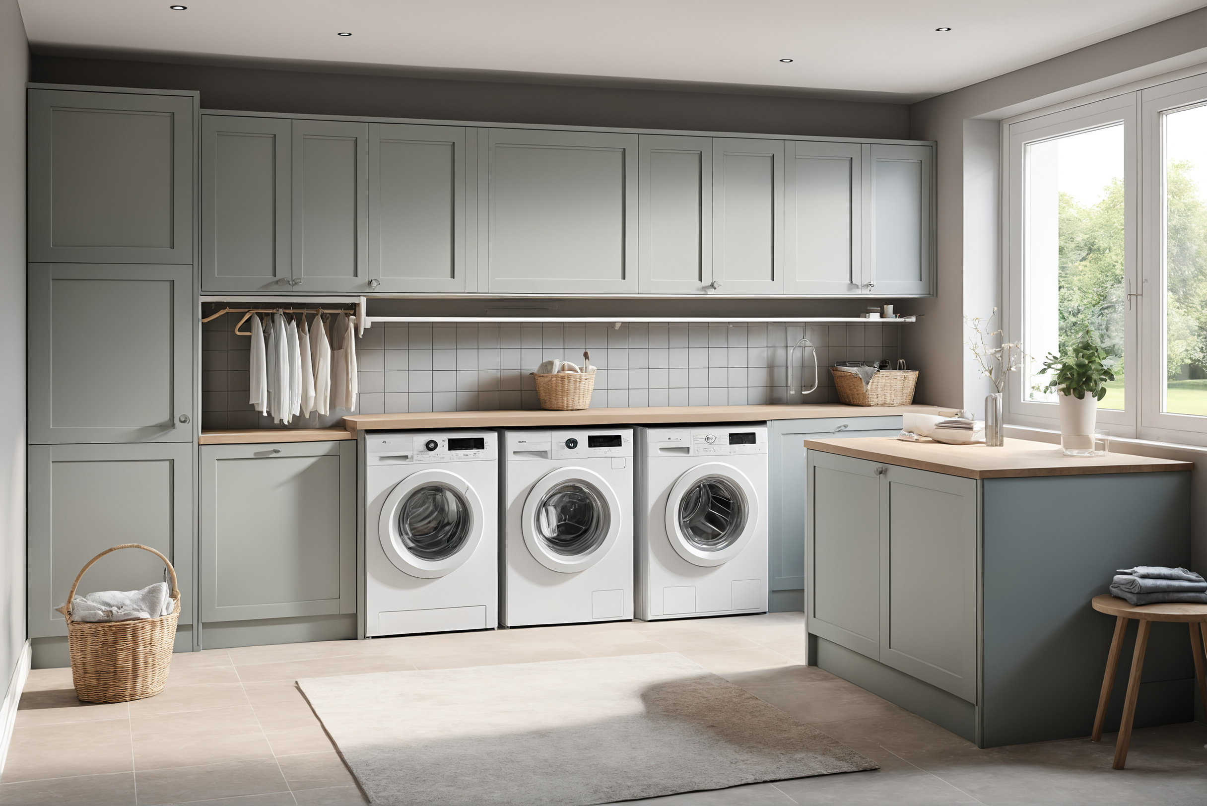Utility room with machines, drying rail, ironing counter and deep cupboards