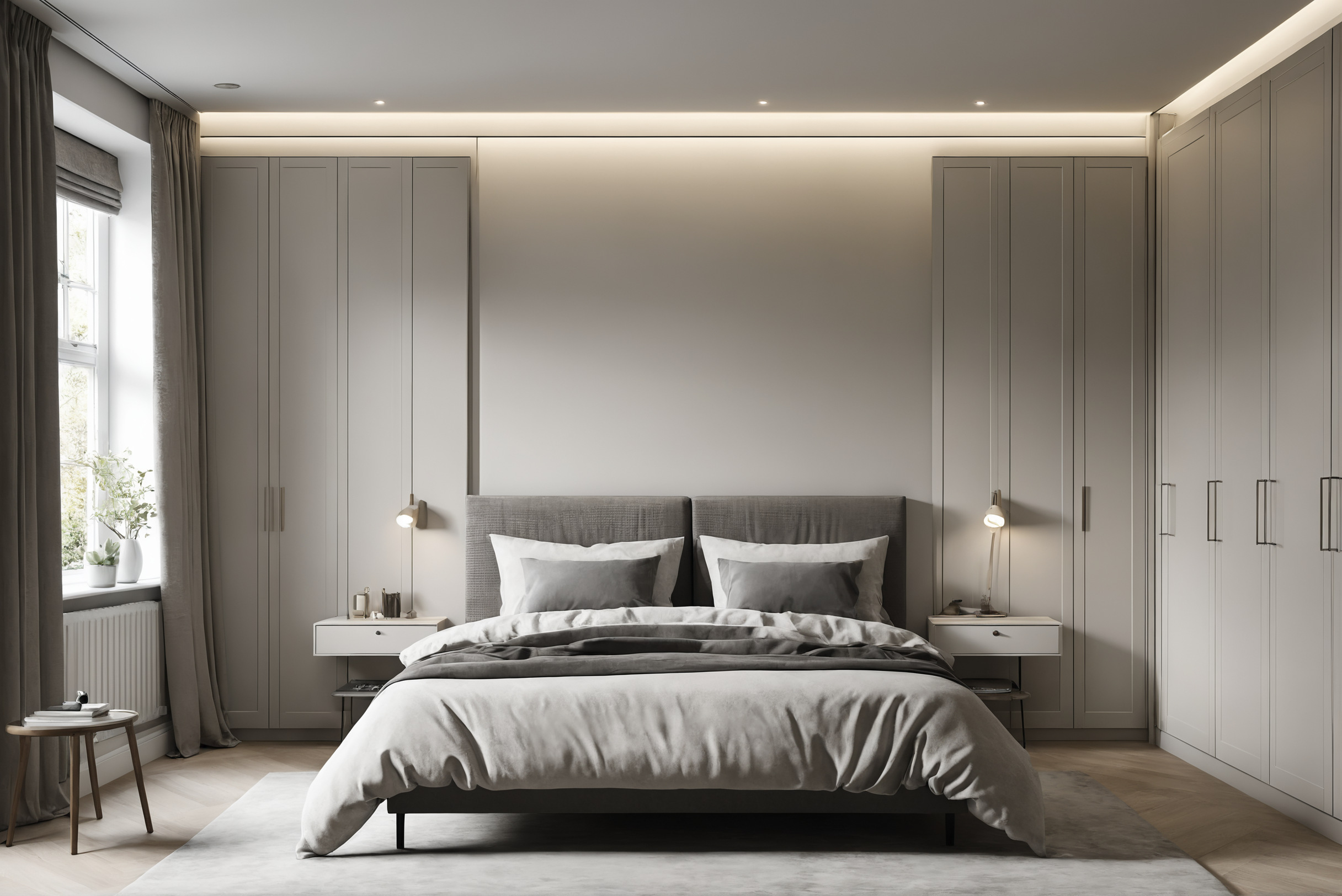 Bedroom wall with a full fitted wardrobe run and reading lights over the bed
